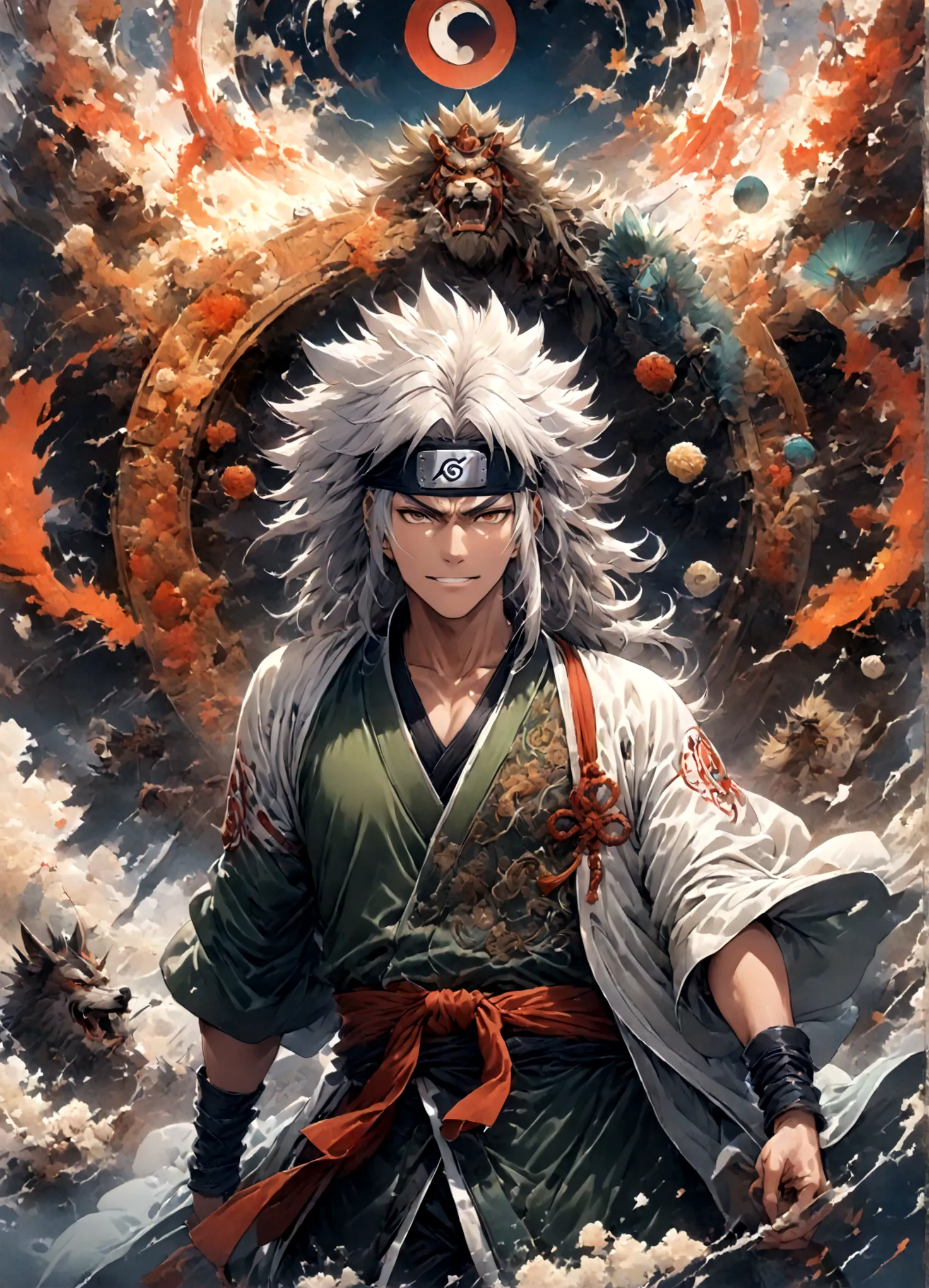 (1 middle-aged male,jiraiya,green kimono,white haori),solo,comics『naruto』characters in,,ninjutsuの使用,battle style,cynical smile,n...