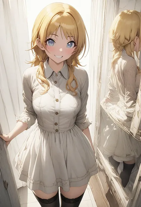 NSFW,(pale illustration,anime illustrations:1.2),(masterpiece, highest quality, so beautiful, Super detailed),textured skin, high details,8k,gleaming skin,pale outline

(hachimiya meguru, idolmaster:1.2),gold hair,

1 girl,(black Thighhighs:1.3),middle bre...