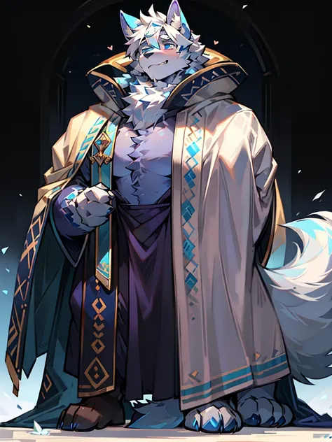 only，Hairy Male，Hairy chest，prairie wolf，canine，Blue and white fur，Long white hair，The ends of the hair are purple，Bright blue eyes，Being bullied，charming，Handsome，Big Tail，Full body male love，High Priest，Wearing a robe