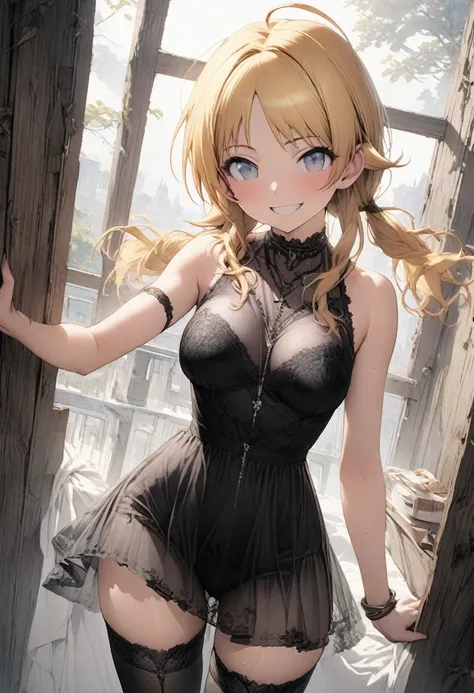 NSFW,(pale illustration,anime illustrations:1.2),(masterpiece, highest quality, so beautiful, Super detailed),textured skin, high details,8k,gleaming skin,pale outline

(hachimiya meguru, idolmaster:1.2),gold hair,

1 girl,(black Thighhighs:1.3),middle bre...