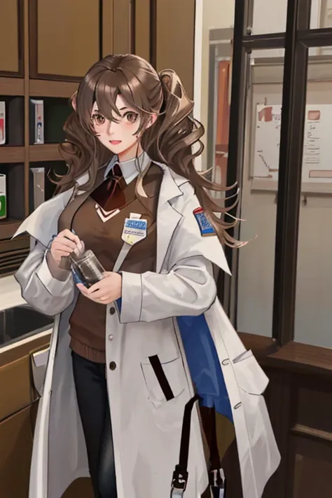 italian girl, 25 years old, wavy brown hair, lab coat