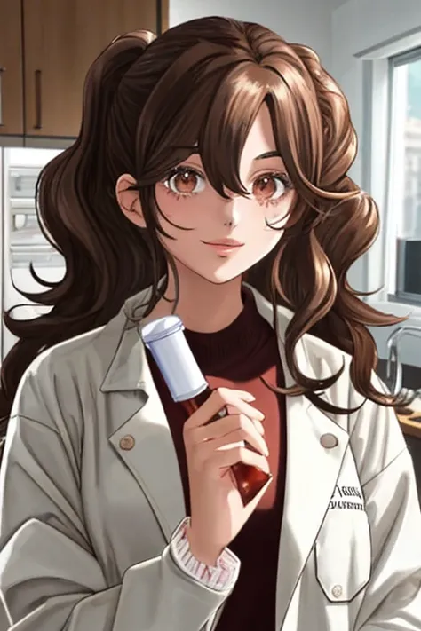 italian girl, 25 years old, wavy brown hair, lab coat