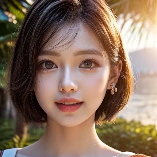 (Acutance:0.85), Masterpiece of 8K Ultra-detailed, Volumetric lighting, (BokeH RAW photorealistic:1.37), Tiny girl wearing tube-top dress、Tropical Beach、evening、Stroll along the beach、(Gazing at the sunset, colorful sky)、(Orange rays illuminating face, clo...