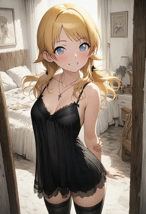 NSFW,(pale illustration,anime illustrations:1.2),(masterpiece, highest quality, so beautiful, Super detailed),textured skin, high details,8k,gleaming skin,pale outline

(hachimiya meguru, idolmaster:1.2),gold hair,

1 girl,(black Thighhighs:1.3),middle bre...