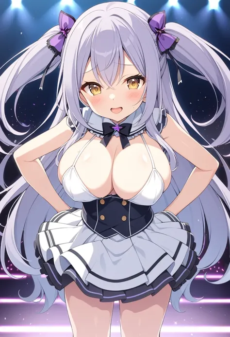 Hiiragitsumugi, Lavender Grey hair, long voluminous hair, brownish yellow eyes,11years old , large breasts,, Live Stage, solo, nsfw