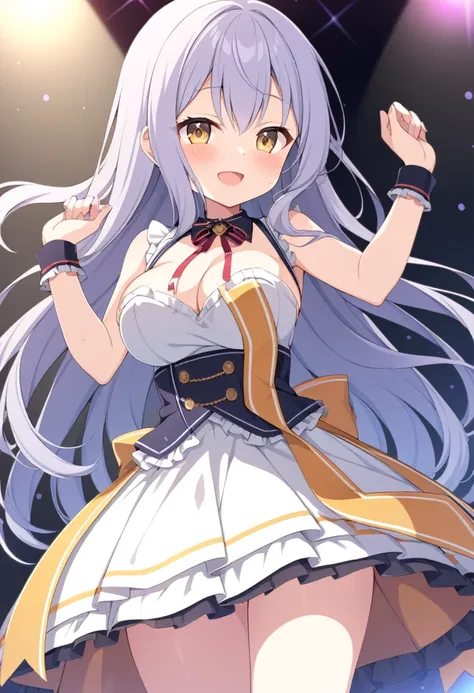 Hiiragitsumugi, Lavender Grey hair, long voluminous hair, brownish yellow eyes,11years old , large breasts,, Live Stage, solo, nsfw