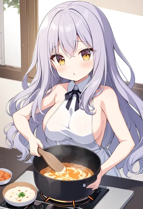 Hiiragitsumugi, Lavender Grey hair, long voluminous hair, brownish yellow eyes,11years old , large breasts,, cooking, solo, nsfw