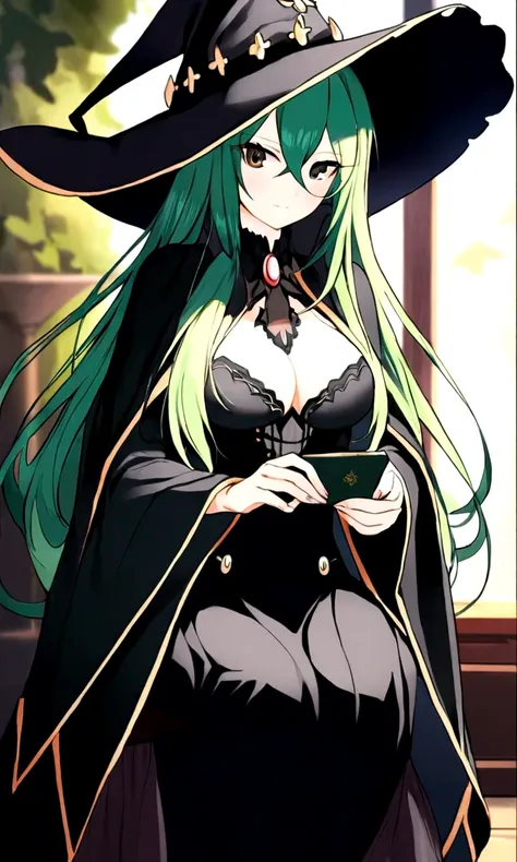 a close up of a person wearing a hat and dress, flirty anime witch casting magic, gothic maiden anime girl, anime girl with long hair, fashionable dark witch, in a cloak with long hairs, anime girl wearing a black dress, dark witch character, marin kitagaw...