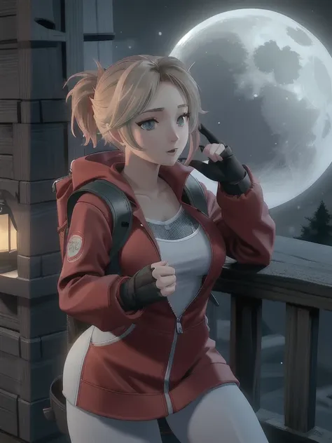 ((Best quality)), ((Masterpiece)), (detailed), (4K quality), (Detailed face:1.2), (Detailed eyes:1.2), (Perfect figure:1.2), 1girl, UDSam, solo, short hair, blonde hair, (Wearing: Red jacket, white leggings, fingerless gloves, snow boots and backpack), dar...