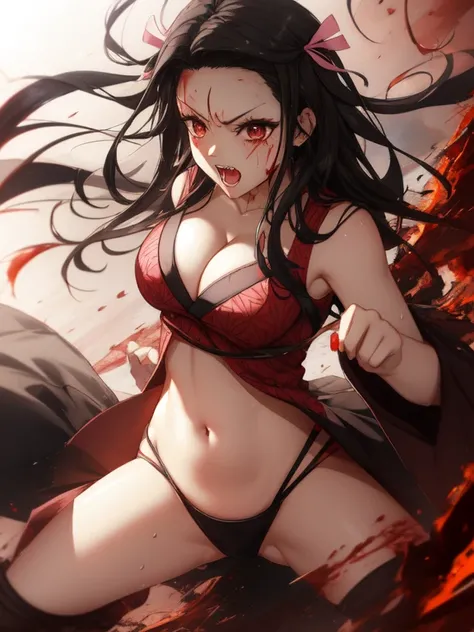 anime, hdr, soft light, ((best quality)), ((masterpiece)), (detailed),  kamado nezuko, black hair, forehead, open mouth, fangs, pink eyes, very long hair, hair ribbon, japanese clothes, pink kimono, multicolored hair, pink ribbon, cleavage, angry, horn, st...