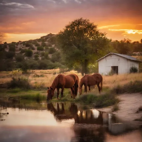 Calidad superior, campo verde, caballos de fondo, una casa en medio, sunset lighting, cielo anaranjado, estilo acuarela