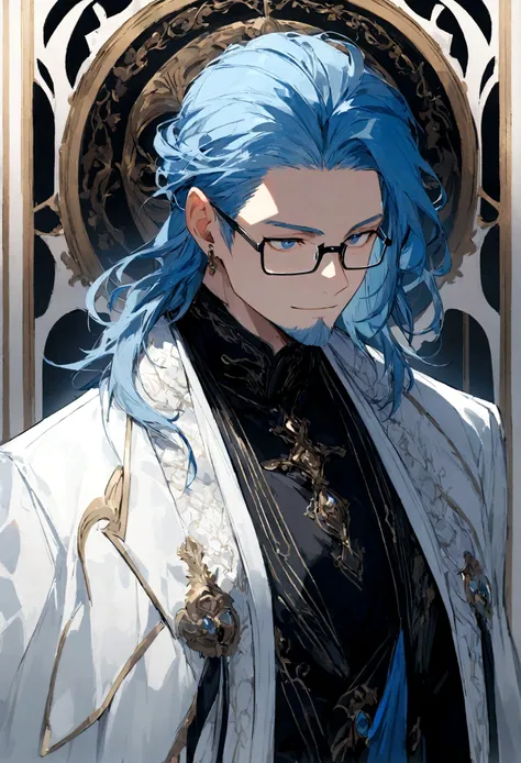 A male character, old face, with blue hair styled back and gray streaks on the sides. He wears rectangular glasses and has a neatly trimmed gray beard. He is dressed in an elegant coat in blue and white with black details, featuring a modern design with me...