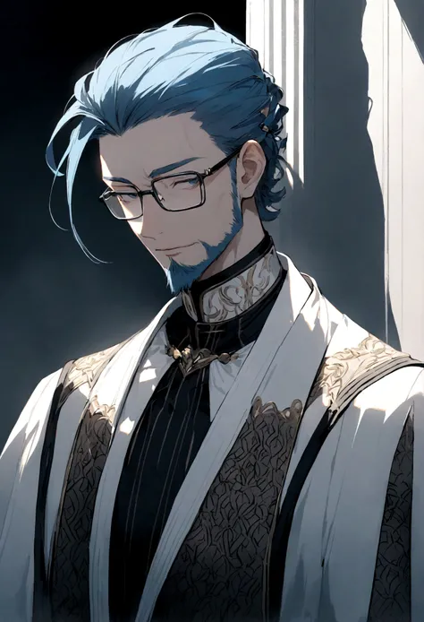 A male character, old face, with blue hair styled back and gray streaks on the sides. He wears rectangular glasses and has a neatly trimmed gray beard. He is dressed in an elegant coat in blue and white with black details, featuring a modern design with me...