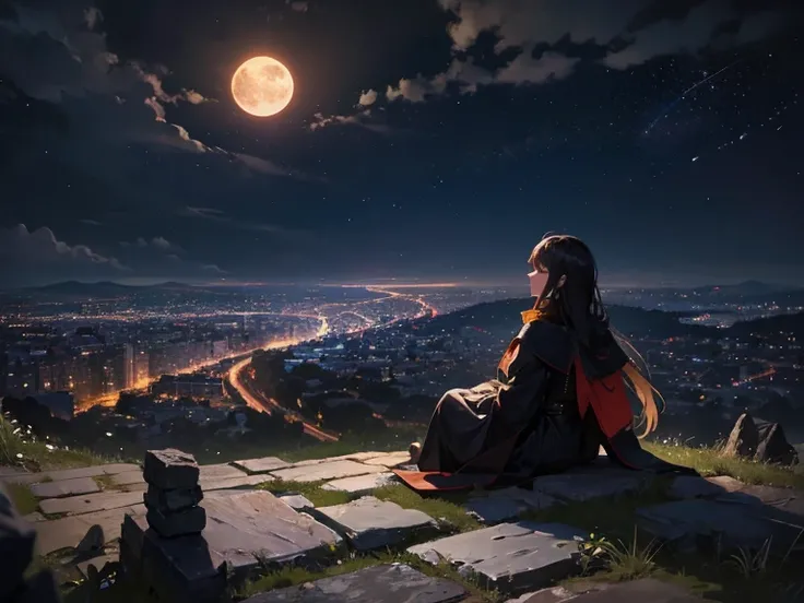 chaos, Fires, meteors, night, dark background, full moon, Girl sitting on a hill near a stone wall, At the bottom of the hill, closer to the horizon, the city is burning