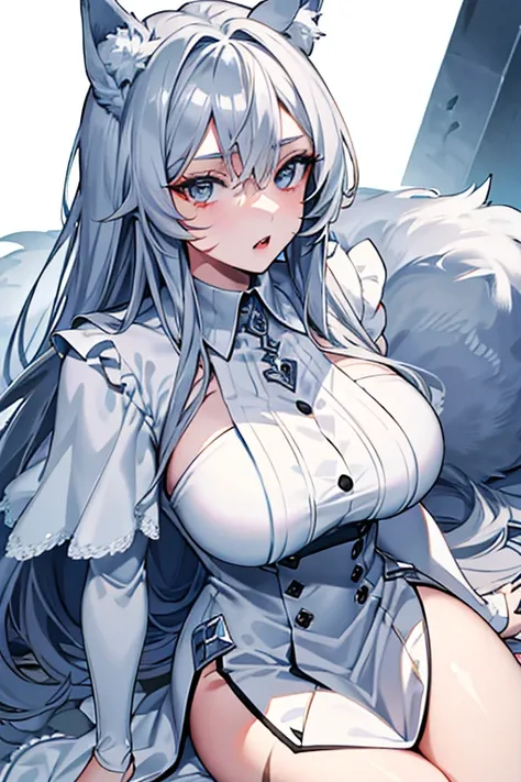 best qualtiy，tmasterpiece，The is very detailed，4K，Gray hair and shallow eyes，Drag cool expressions，Wolf ears，Erect scar on the left eye，British style，1girl，Absolutely beautiful, big bust, white costume