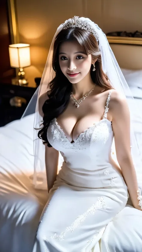 (highest quality,8K,1.1,超詳細なFull Body Shot),(Depth of subject 1.3),(Front body 1.5),Japanese,Beautiful woman,Black long hair,(((Cute face)))，A beautiful white long-trace wedding dress that accentuates the cleavage and chest.,Wedding Veil，A large wedding bo...