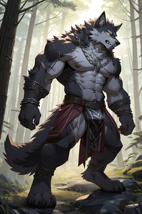 close up, furry, anthro, giant werewolf,wolf ears,wolf tail, dark grey and white fur, messy fur, neck floof, yellow glowing eyes, razor sharp teeth, muscular body, handsome, monstrous, tall, standing up straight, growling, in an enchanted forest, daytime, ...