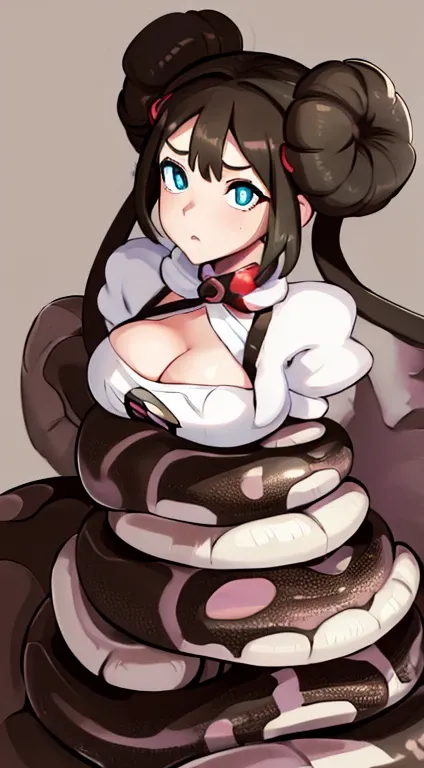 masterpiece, best quality, highres, illustration, highly detailed,  hair bun, blue eyes, twintails, 1girl, solo, Rosa(Pokemon), large breasts, breasts out, beautiful detailed eyes, cleavage, snake, (coiled), snake scales detailed, restrained, disgusted fac...