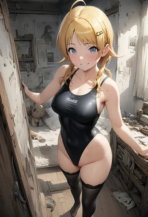 NSFW,(pale illustration,anime illustrations:1.2),(masterpiece, highest quality, so beautiful, Super detailed),textured skin, high details,8k,gleaming skin,pale outline

(hachimiya meguru, idolmaster:1.2),gold hair,

1 girl,(black Thighhighs:1.3),middle bre...