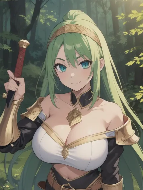 ((Best quality)), ((Masterpiece)), (detailed), (4K quality), (Detailed face:1.2), (Detailed eyes:1.2), (Perfect figure:1.2), perfect face perfect figure, Female Knight, Middle Ages, long green hair, headband, strapless, off shoulder, crop top, leather pant...