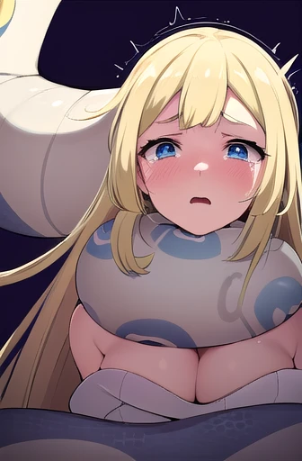 masterpiece, best quality, illustration, highly detailed, Lillie(pokemon) length hair, blonde hair, floating hair, twin braids, messy hair, unique hair detailed, beautiful detailed eyes, cleavage, snake, (coiled), snake scales detailed, snake wrapped tight...