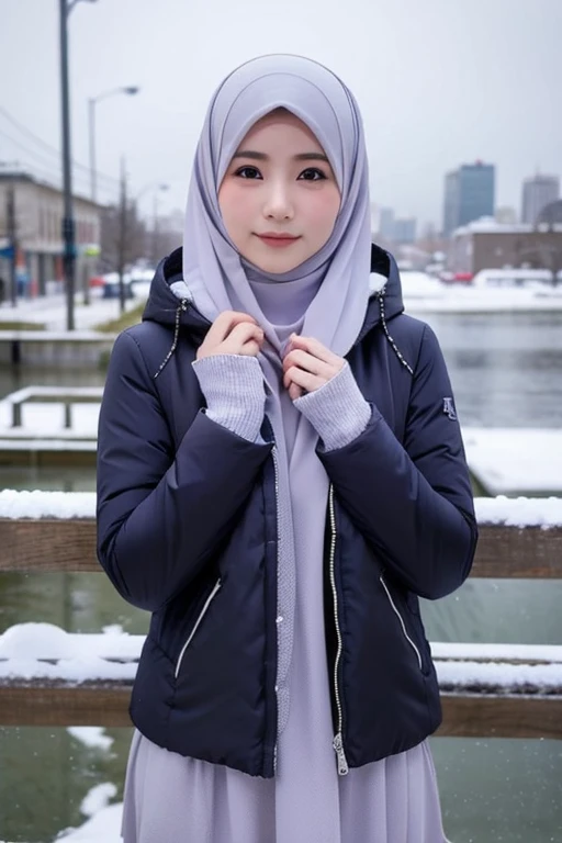 japanese muslim girl, pasmina hijab, perfect body figure, thick winter jacket with hood, lilac jacket, snowy city landscape