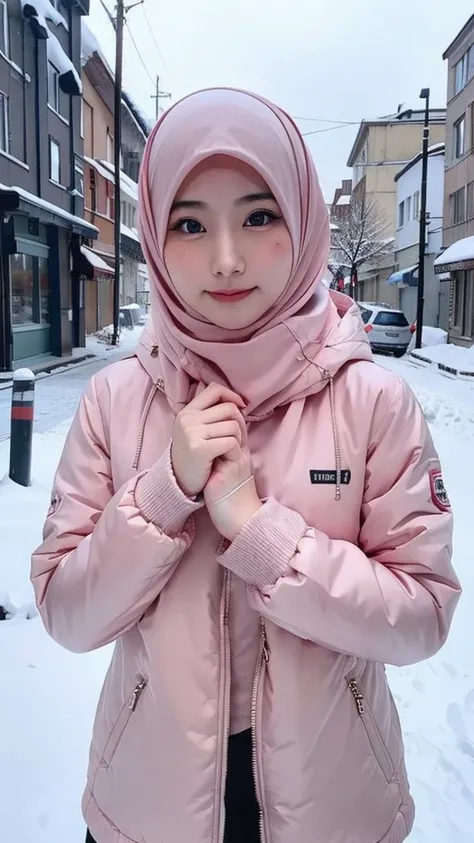 japanese muslim girl, pasmina hijab, perfect body figure, thick winter jacket with hood, pink jacket, snowy city landscape