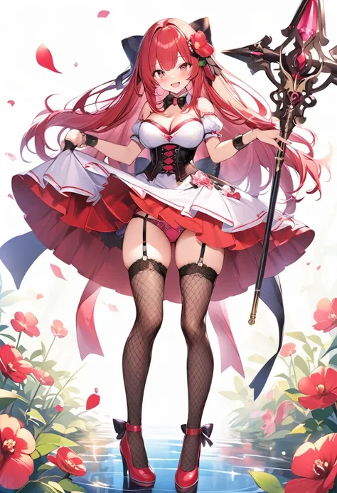 (masutepiece, Best Quality), 1girl, solo, breasts, thighhighs, long-hair, large-breasts, cleavage, red-hair, garter-straps, fishnet-thighhighs, fishnets, flower, full-body, object-namesake, skirt, smile, standing, red-footwear, bow, panties, looking-at-vie...