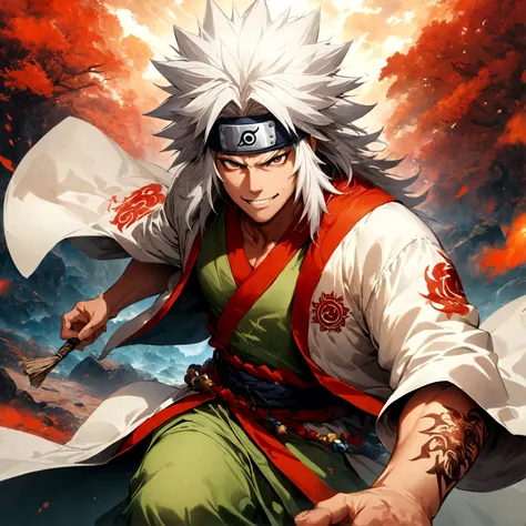 (1 middle-aged male,jiraiya,Green kimono,White Haori),solo,comics『NARUTO』Characters in,,Using Ninjutsu,Battle Style,Cynical Smile,Ninjutsu Effects,Enjoy the battle,Moderate dirt,A long strip of Japanese paper with ancient writing spinning in the air,tattoo...