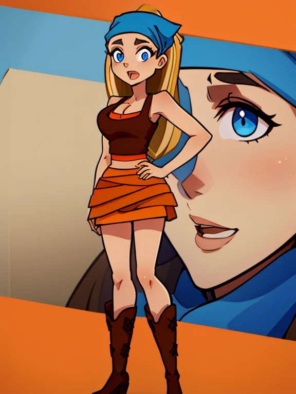 ((Best quality)), ((Masterpiece)), (detailed), (4K quality), (Detailed face:1.2), (Detailed eyes:1.2), (Perfect figure:1.2),1girl, solo, Lindsay_Total_Drama, blue eyes, long hair, blonde hair, (Wearing: blue bandana, head scarf, orange tank-top, (orange sk...