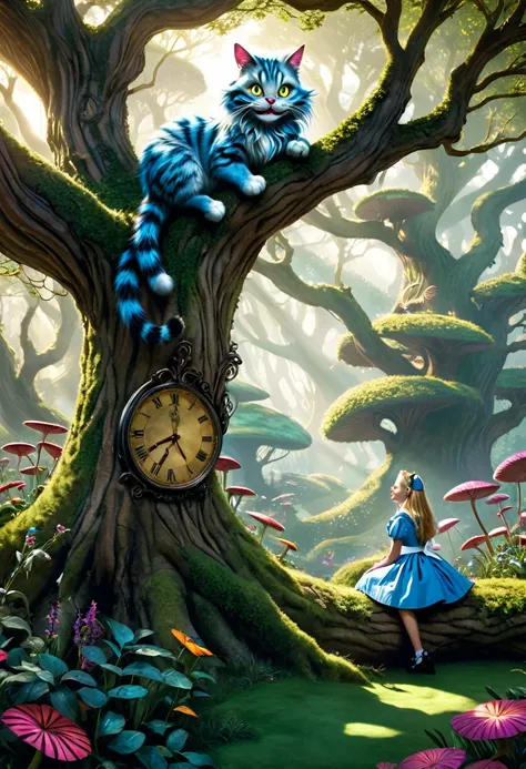 Illustration for the fairy tale Alice in Wonderland, in which Alice is speaking with the Cheshire cat lies on the tree in a realistic style