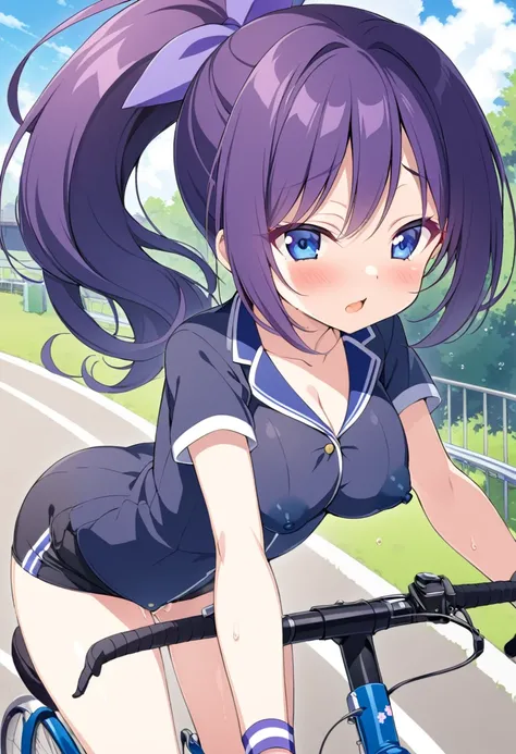 todoshizuko, purple hair, ponytail, hair ribbon, long hair, blue eyes, makeup, 15years old , large breasts, solo, nsfw, nipple,  ride a bicycle