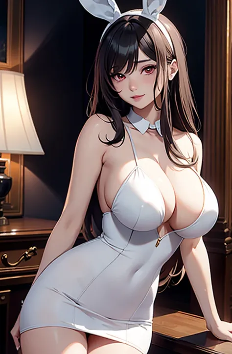 masterpiece, best quality, best lighting, shadows, portrait, perfect anatomy, 1 girl, adult anime girl, 21 years old, bunny girl, allure, erotic bunny dress, mature features, pretty face, pretty lips, pretty eyes, white wavy hair, red eyes, seductive eyes,...