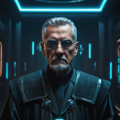 the portrait of a sixty year old man, he has a menacing countenance he is the judge of the futuristic cyberpunk court.