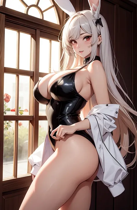 masterpiece, best quality, best lighting, shadows, portrait, perfect anatomy, 1 girl, adult anime girl, 21 years old, bunny girl, bunny uniform, allure, erotic, mature features, pretty face, pretty lips, pretty eyes, white wavy hair, red eyes, seductive ey...