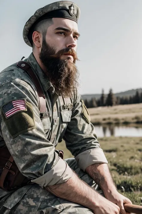 A realistic bearded man in army clothing sitting sideways in the distance while holding an ax