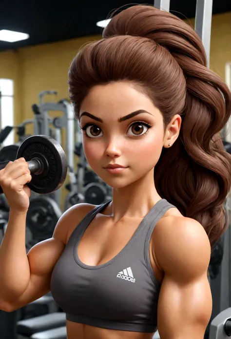 garota de cabelo marrom liso, training in the bodybuilding gym, com regata e shorta, estilo cute realista, High definition