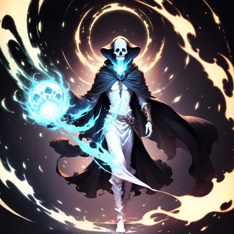 A pale man black hair tall and thin wizard, skull spirit invoker