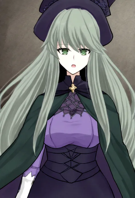 a close up of a person wearing a hat and dress, flirty anime witch casting magic, gothic maiden anime girl, anime girl with long hair, fashionable dark witch, in a cloak with long hair, anim girl wearing a black dress, dark witch character, with a green cl...