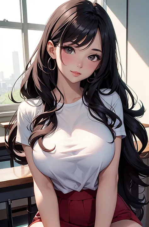 masterpiece, best quality, manwha style, best lighting, shadows, portrait, perfect anatomy, 1 girl, adult anime girl, 21 years old, MILF, allure, erotic, mature features, showing tits, bitchy face, pretty lips, pretty eyes, black wavy hair, black eyes, sed...