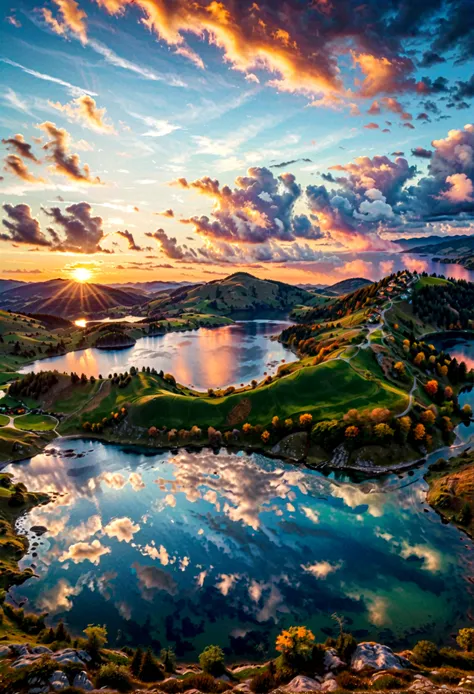 a beautiful detailed landscape, vibrant sunset sky, rolling hills, serene lake in foreground, incredible lighting, breathtaking ...