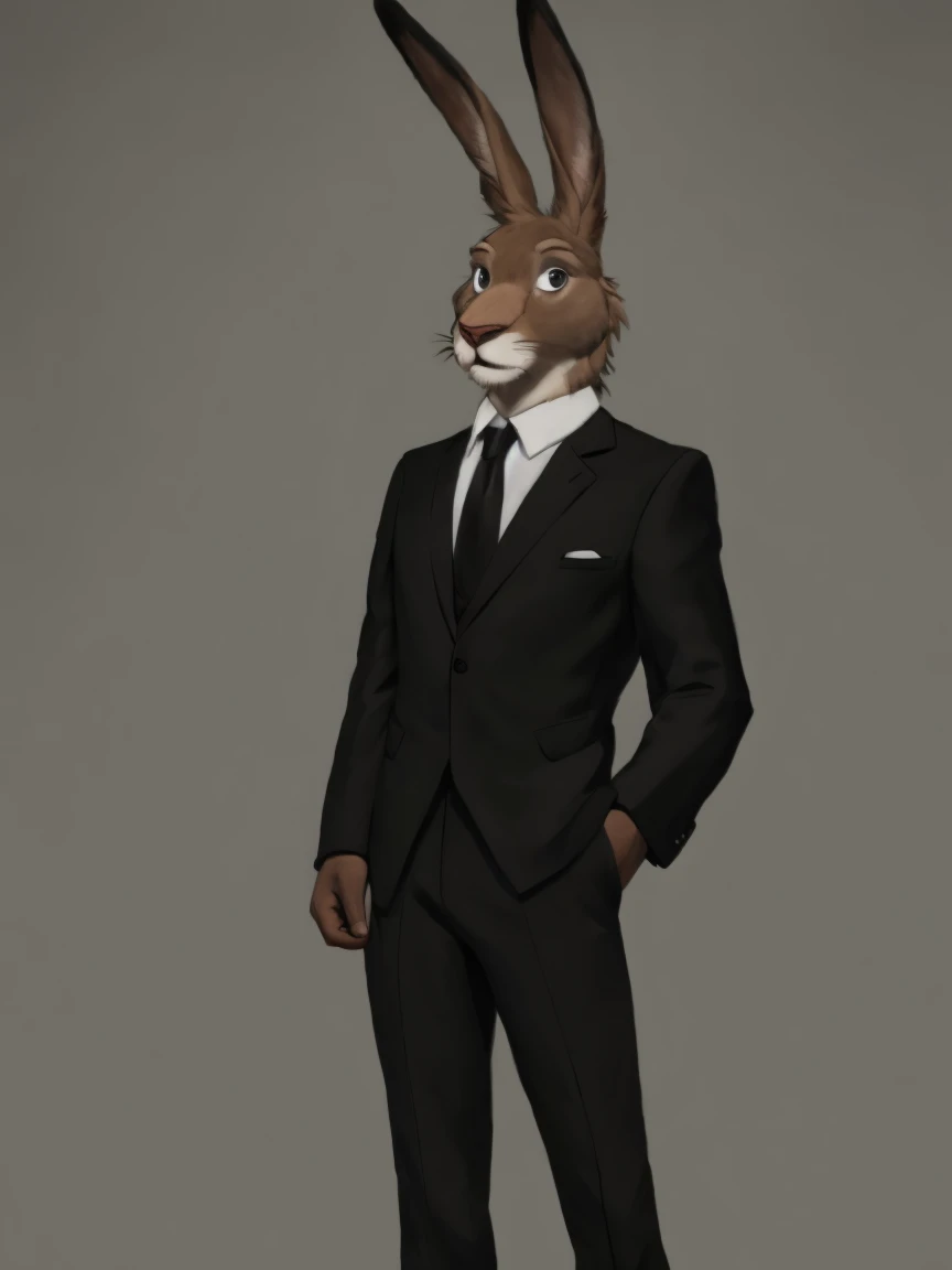 a tall hare in a black suit