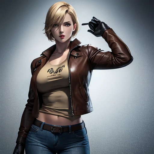 beautiful detective woman blonde short hair bangs brown eyes red lips firm body perfect breasts t-shirt brown leather jacket blu...