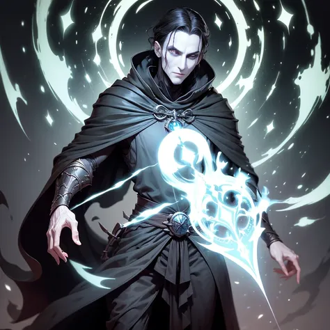 a pale man black hair tall and thin wizard, wearing a dark black robe tunic with ornaments under black armor, specter invoker, s...