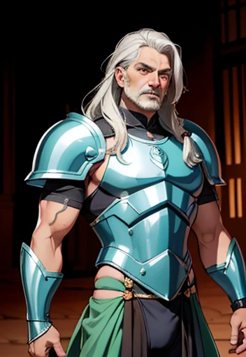 (high-quality, breathtaking),(expressive eyes, perfect face) Symmetrical Eyes, 1 Middle-aged adult male, strong male indigenous warrior, he has exaggerated long gray hair, purple eyes, ele tem pinturas tribais no peito e no rosto, he has armor on his tibia...