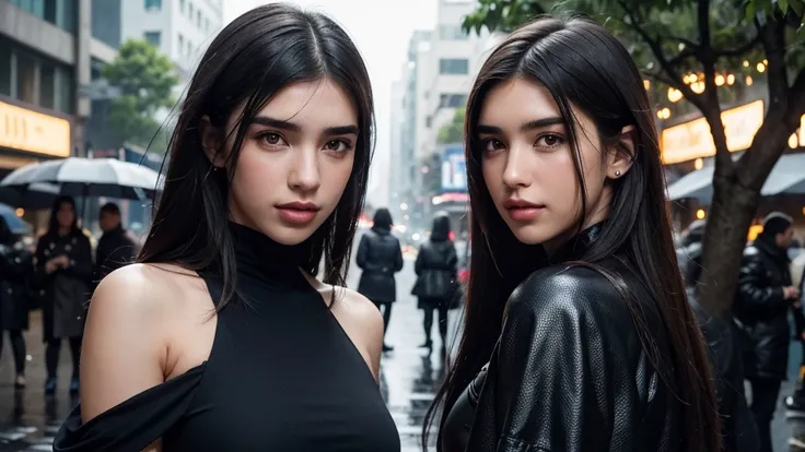 Foto hiperrealista de Dua Lipa (rosto do ano de 2024) em close, Create dystopian masterpieces, cena do filme Blade Runner, toda a figura vestida no estilo Blade Runner, wine dress with ninja accessories, under a tree on a cyberpunk street in light rain, Mu...