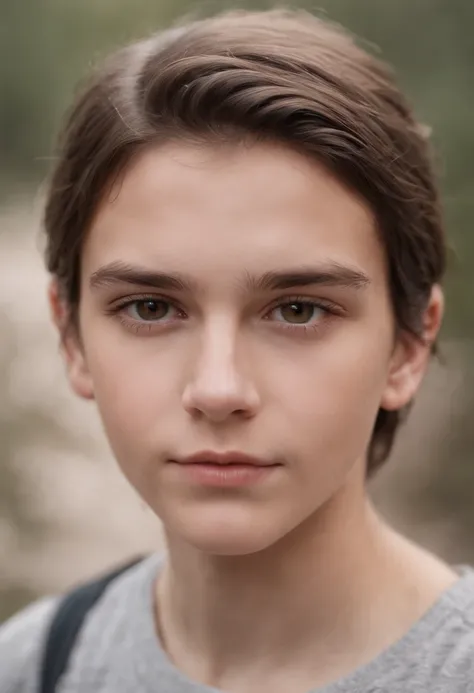 A 14-year-old boy with prominent cheekbones and gray eyes, Her straight, brown hair fell in waves on her head., by your ears and behind them. Seus olhos brilhavam como um peixinho sob a luz.