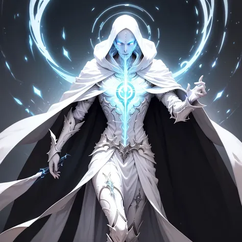 a pale man black hair tall and thin necromancer, wearing a white futuristic light armor with white magic ornaments, wearing a lo...