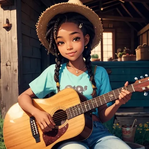 masterpiece, best quality), deep ebony 1girl, beautiful face, short Afro braids , cute, , beautify, Lofi vibe,, cute night vibe, concentrated, hands outside of the picture, farm, countryside vibe , cowgirl clothing, cute look, clothing is dry and baggy, sm...