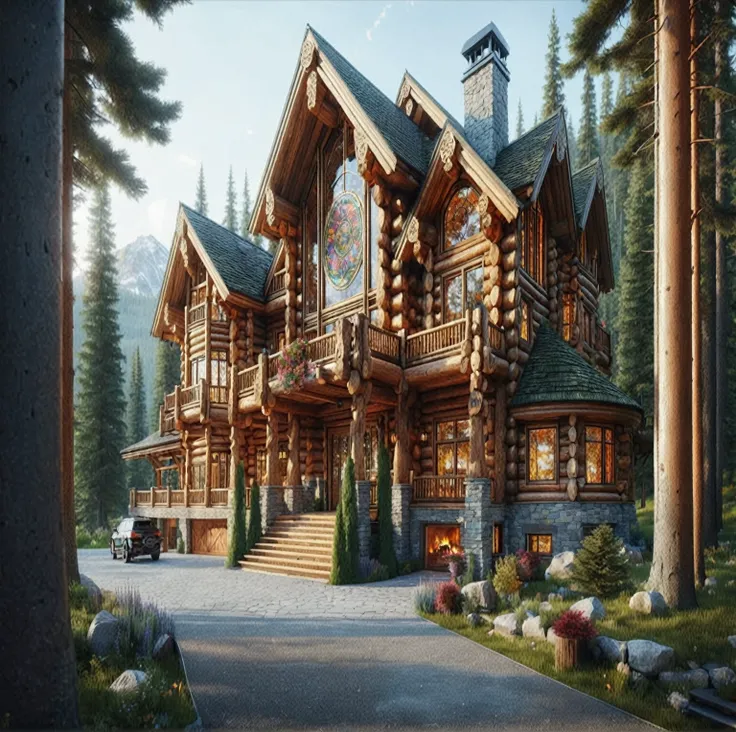 a huge log cabin in a forest high in the mountains, aged wood, intricate outdoor fireplace design, wraparound driveway, stained glass windows, large 50,000 sq.ft. modern style mansion, photorealistic, extremely detailed, 8k, (best quality, 4k, 8k, highres,...